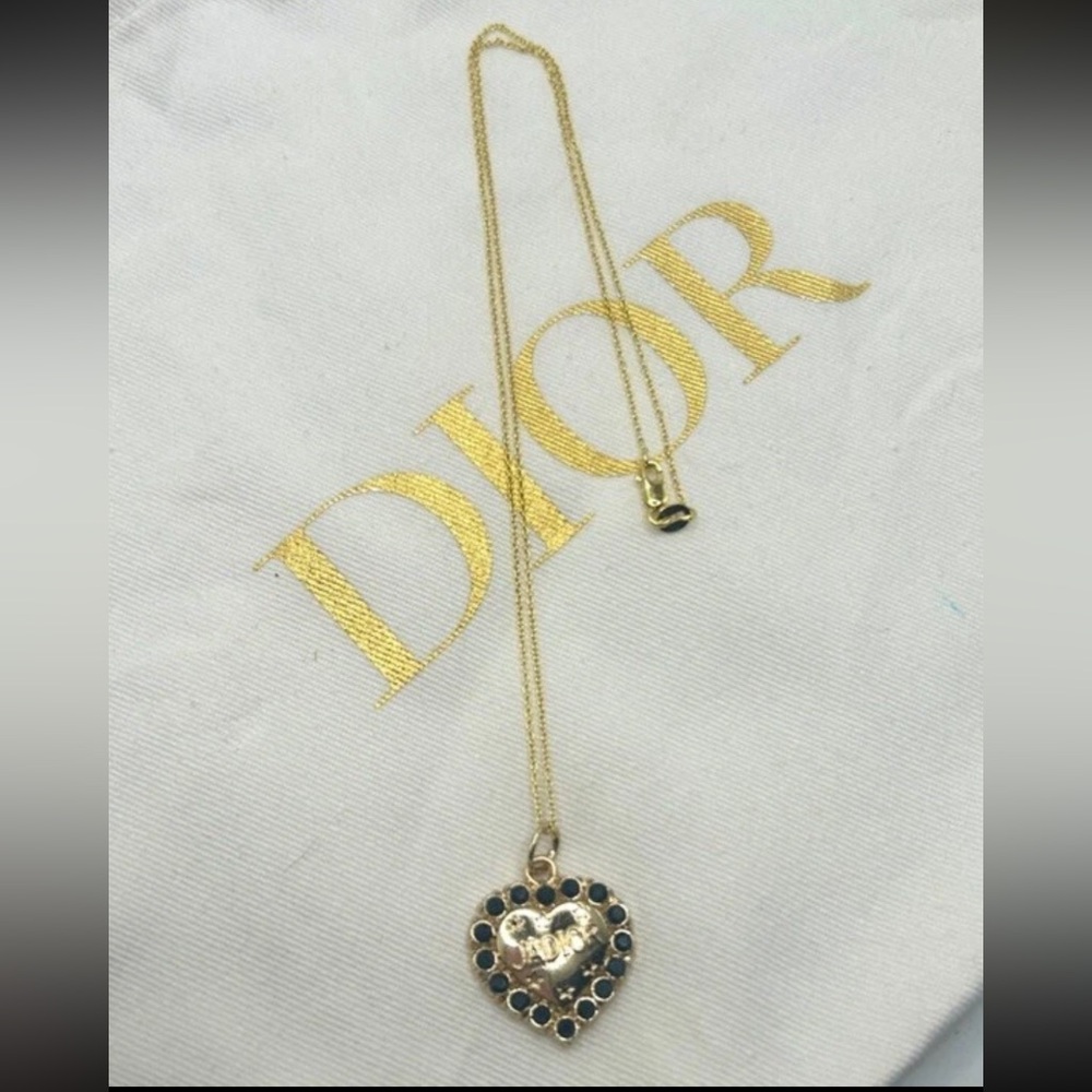 DIOR “J'Adior” Charm Pendant Stamped Gold Heart w/ Black Stones - Picture 5 of 8